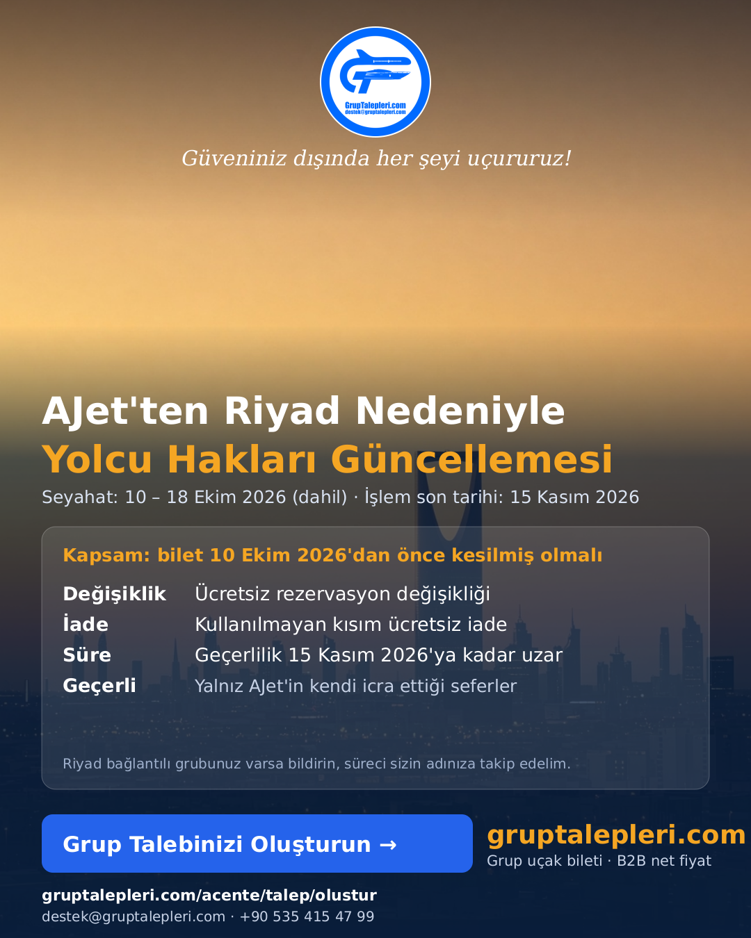 AJet'ten Riyad nedeniyle yolcu hakları güncellemesi
