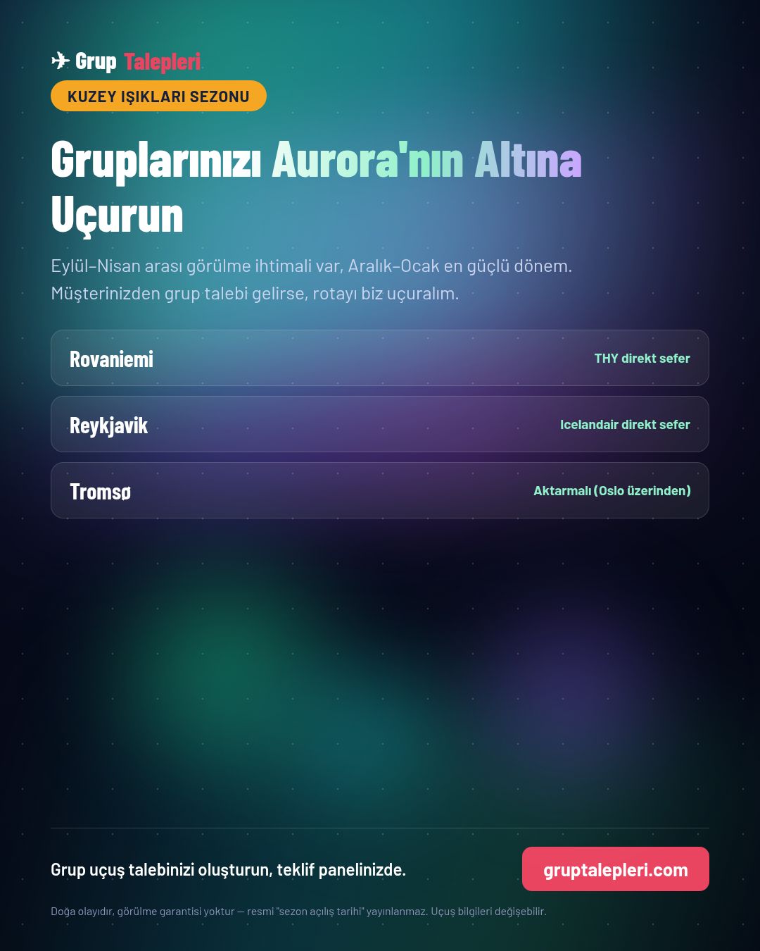 Kuzey Işıkları Sezonu: Rovaniemi, Reykjavik, Tromsø İçin Grup Uçuşu Zamanı