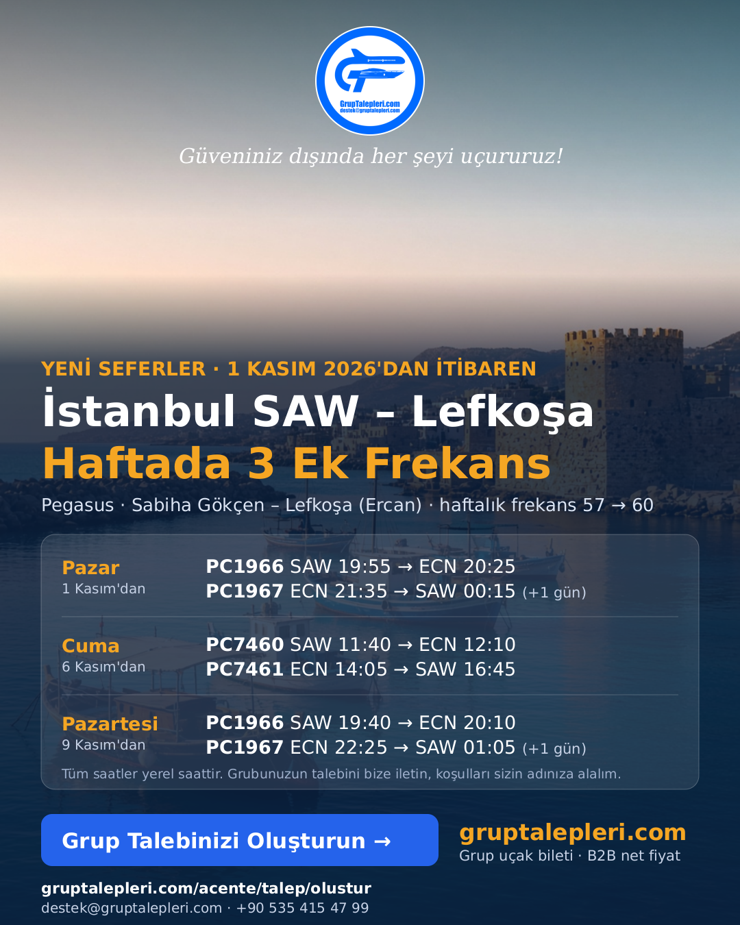 Pegasus İstanbul – Lefkoşa (Ercan) hattında haftada 3 ek frekans