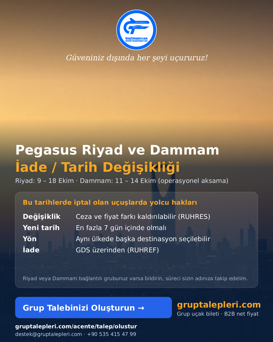 Pegasus Riyad ve Dammam iade ve tarih değişikliği
