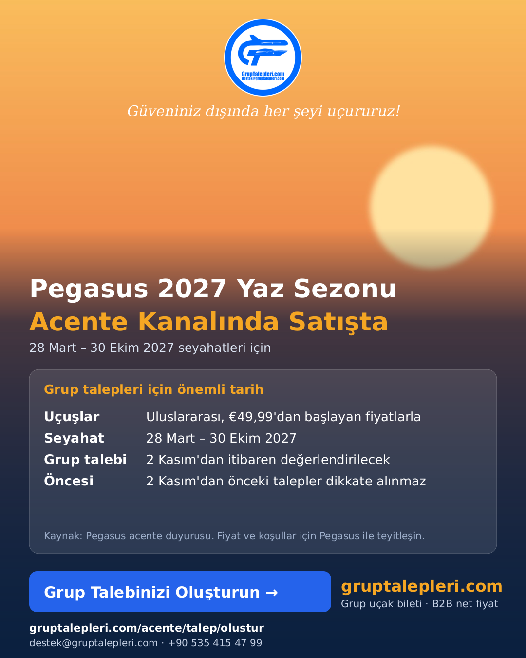 Pegasus 2027 yaz sezonu acente kanalında satışta