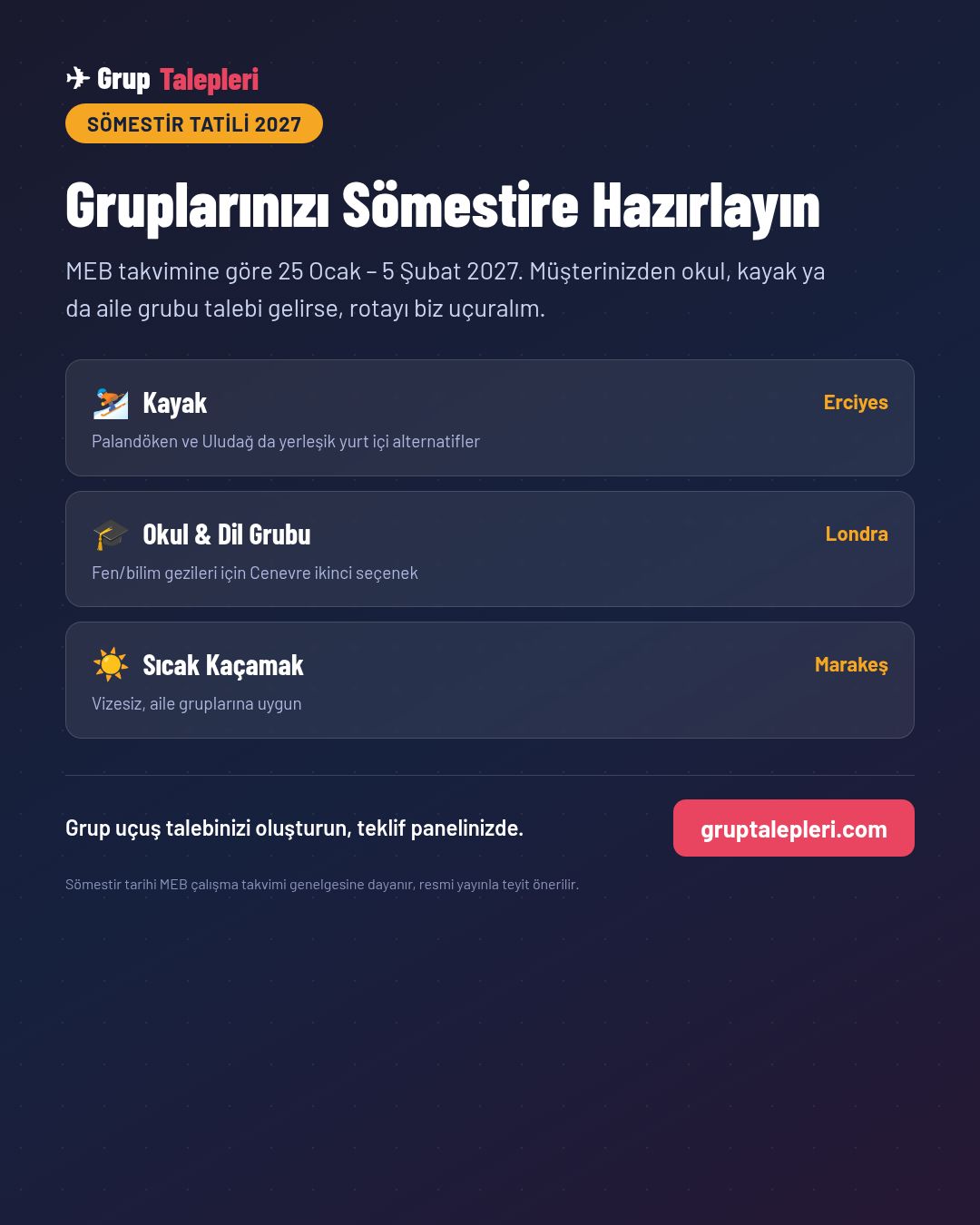 Sömestir Tatili 2027: Erciyes Kayak, Londra Okul Grubu, Marakeş Sıcak Kaçamak İçin Grup Uçuşu Zamanı