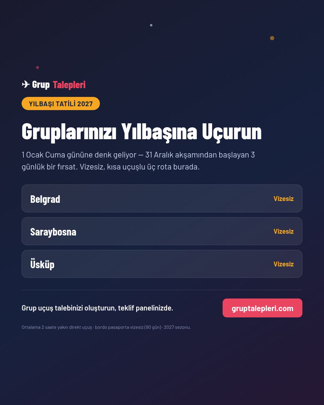 Yılbaşı Tatili 2027: Belgrad, Saraybosna, Üsküp İçin Grup Uçuşu Zamanı